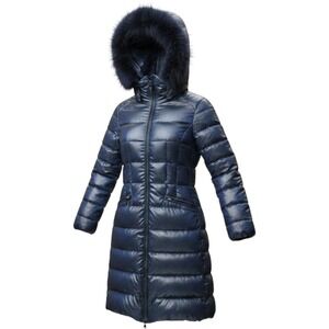 Wanko Duck Down Puffer Coat Womens M Blue Subtle Floral Jacquard Faux Fur Hooded